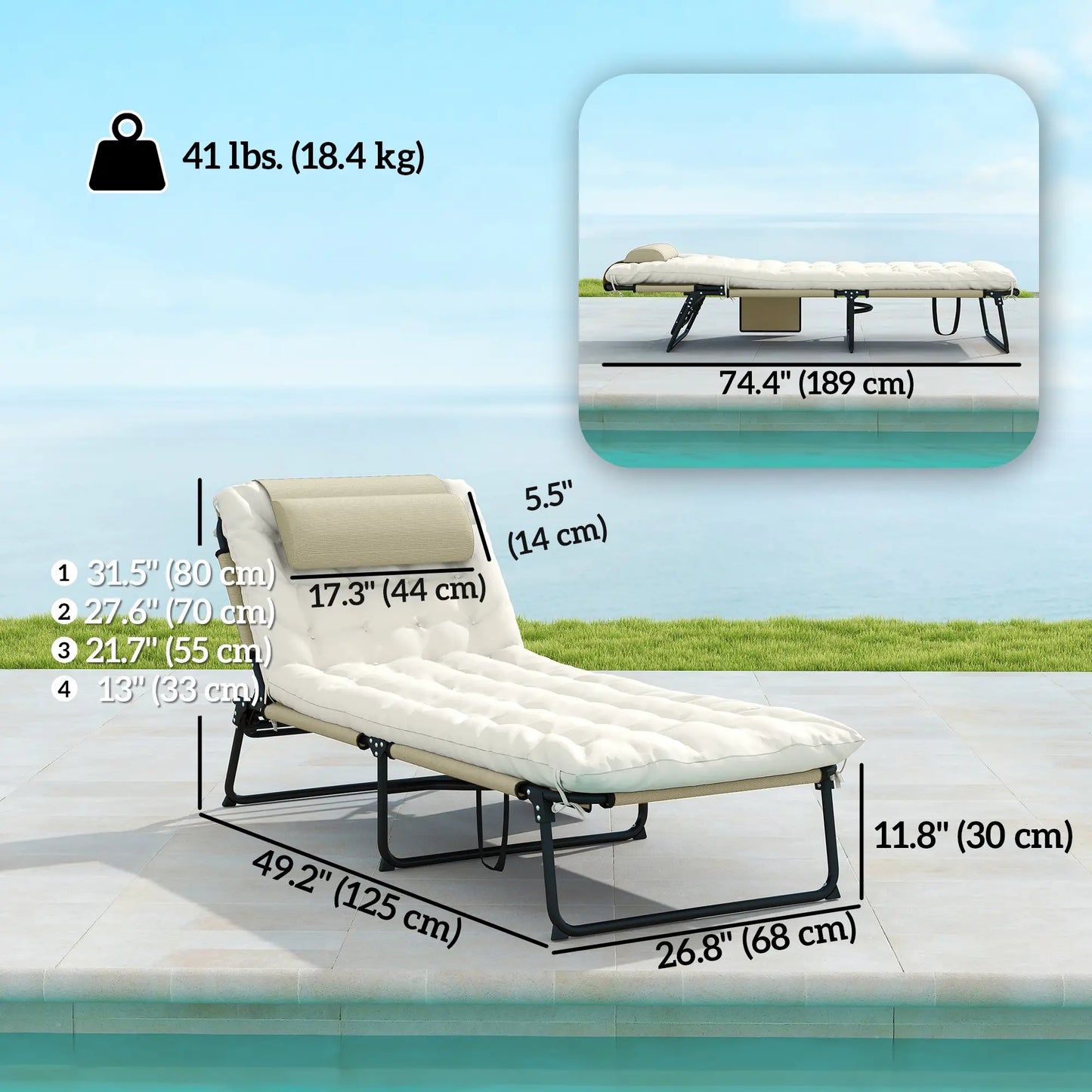 2-Piece Folding Lounge Chairs, Adjustable Backrest, Cushion, Side Pocket, Headrest, Beige Lounger Chairs at Gallery Canada