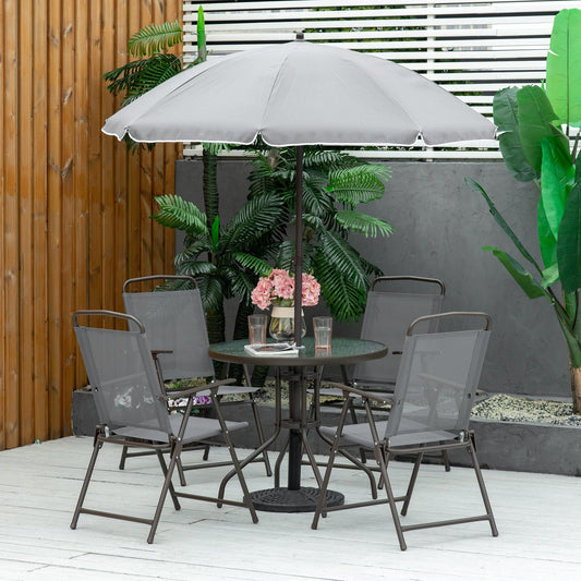 6 Pieces Outdoor Dining Set for 4 with Umbrella Patio Outdoor Furniture Set with Round Table 4 Folding Chairs Grey - Gallery Canada