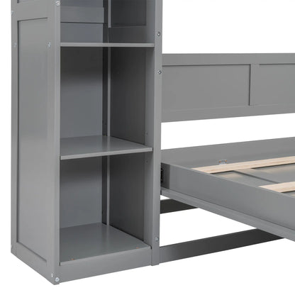 Murphy Bed with Shelves, LED Lights, Space-Saving Wall Bed, 91" L x 81" W x 84" H, Grey Bed Frames at Gallery Canada