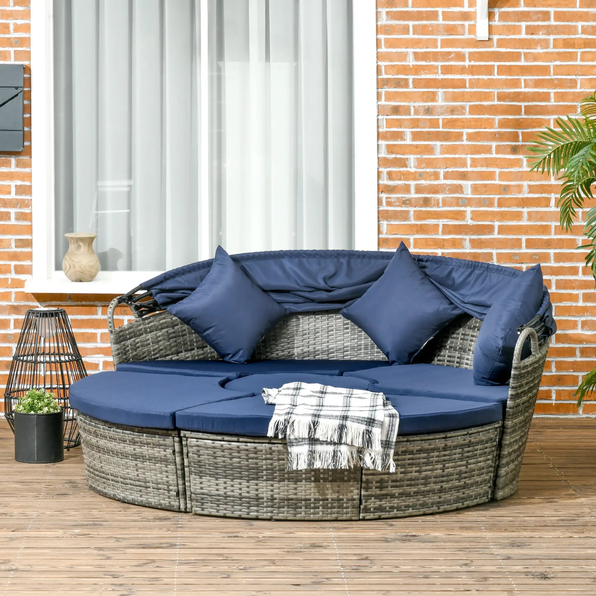 Outdoor Daybed with Retractable Canopy, PE Rattan Wicker Round Sofa, Dark Blue Daybeds at Gallery Canada