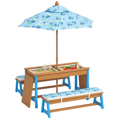 Kids Picnic Table Bench Set with Umbrella, Cushions, Boxes, Dinosaur Theme, Blue Kids Outdoor Furniture at Gallery Canada