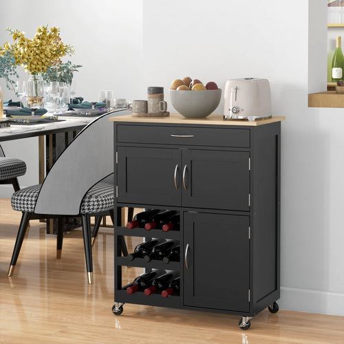 Rolling Kitchen Cart, Island with Storage Drawer, 9-Bottle Wine Rack, Black
