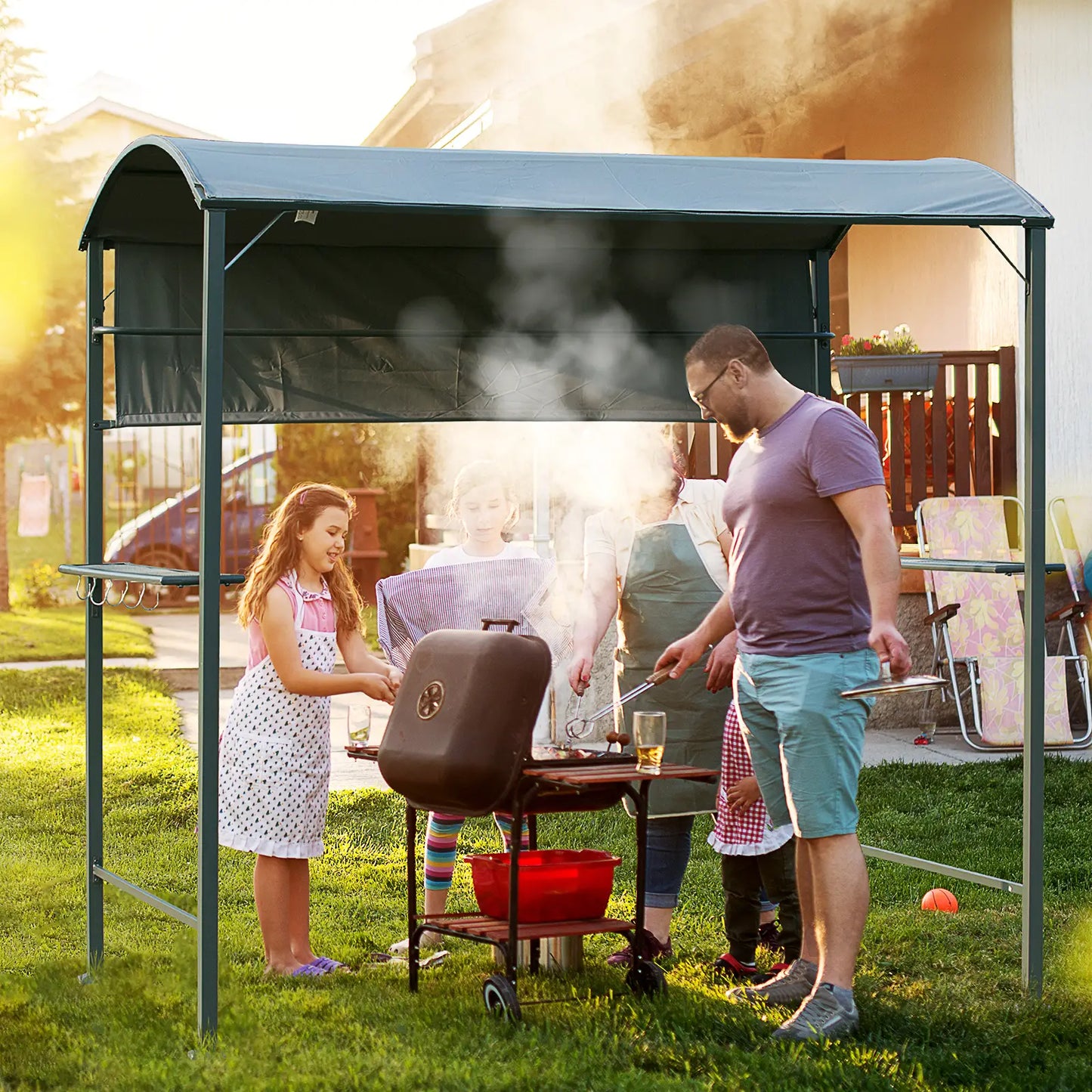 7x4.5ft Outdoor BBQ Gazebo, Metal Frame, With Side Awning, Shelves, Hooks, Grey BBQ Grill Gazebos at Gallery Canada