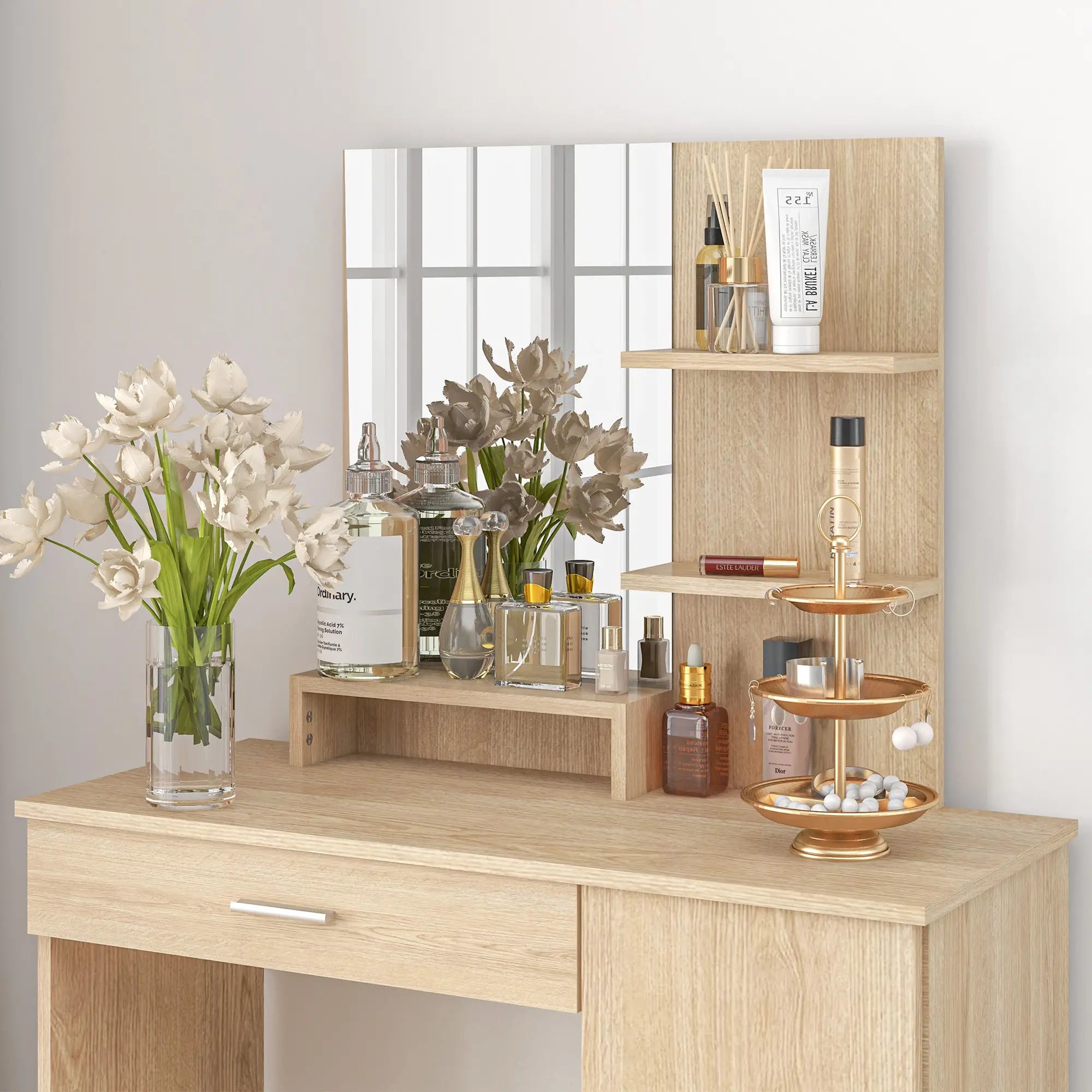 Vanity Table with Mirror, Drawer, Storage Shelves, 35.4 x 15 x 54.3 Inches, Natural Wood Dressing & Vanity Tables at Gallery Canada