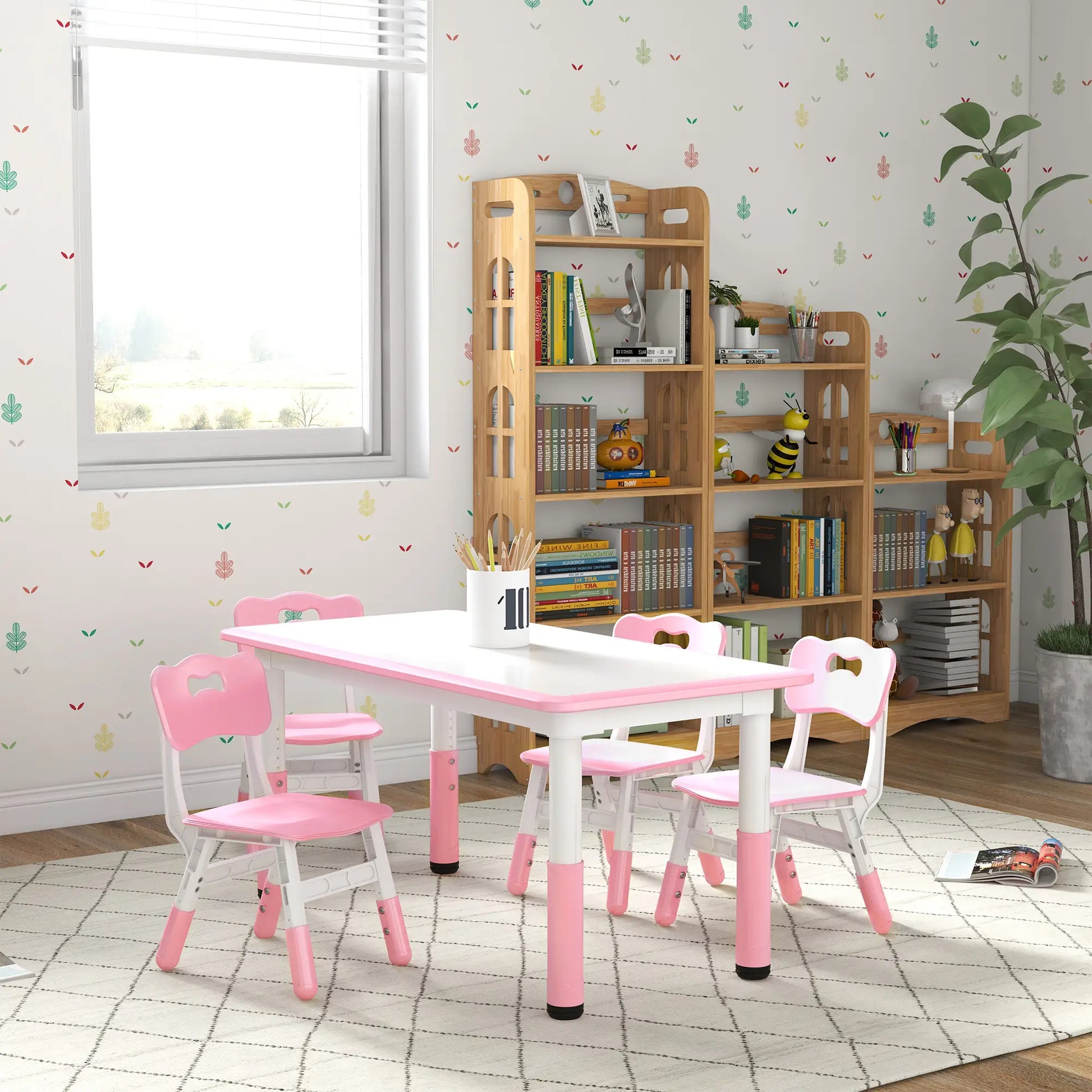 Kids Table and Chair Set, 4 Chairs, Adjustable Height, Pink Kids Table Sets at Gallery Canada