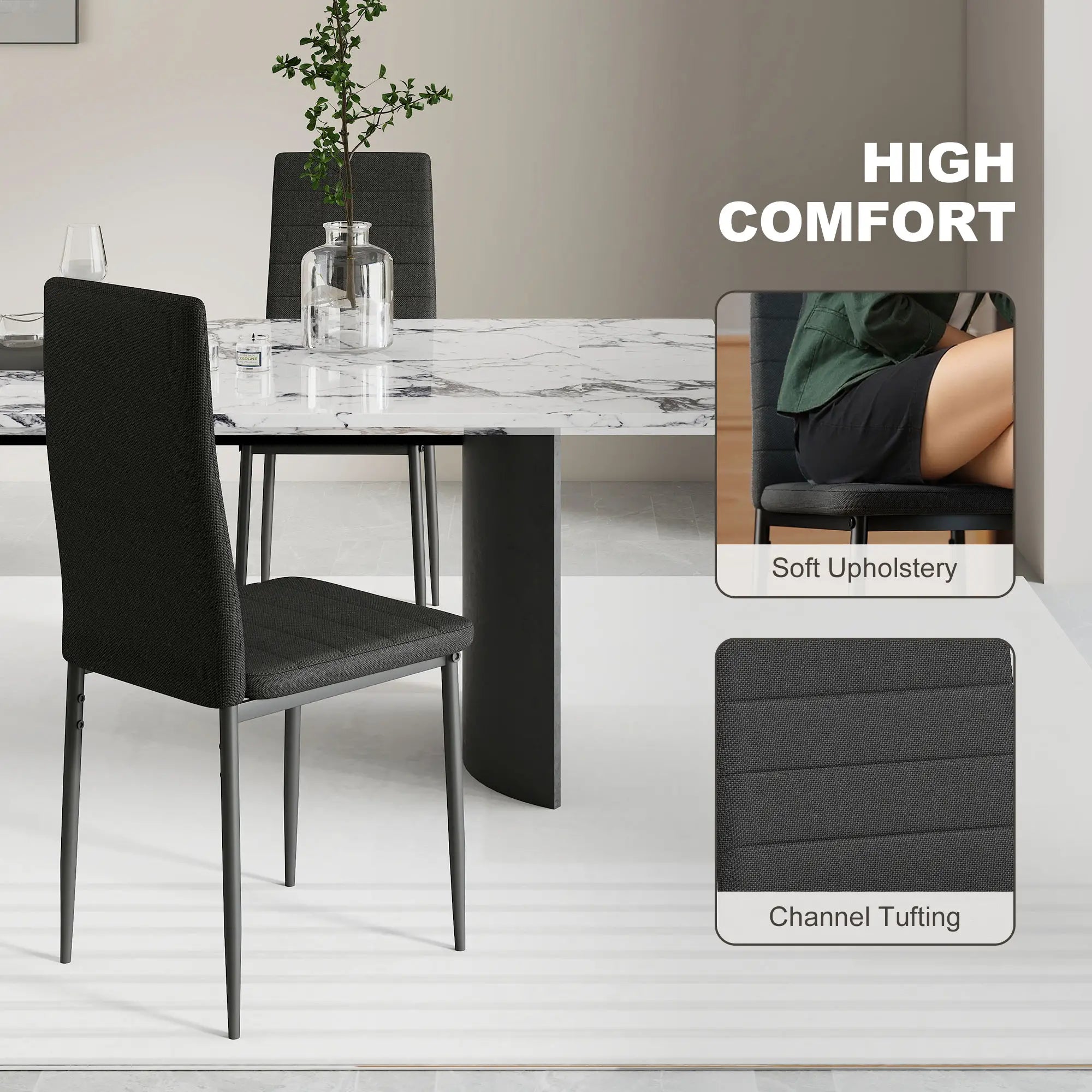 Modern High Back Dining Chairs, PU Leather Upholstered, Set of 6, Black Dining Chairs at Gallery Canada