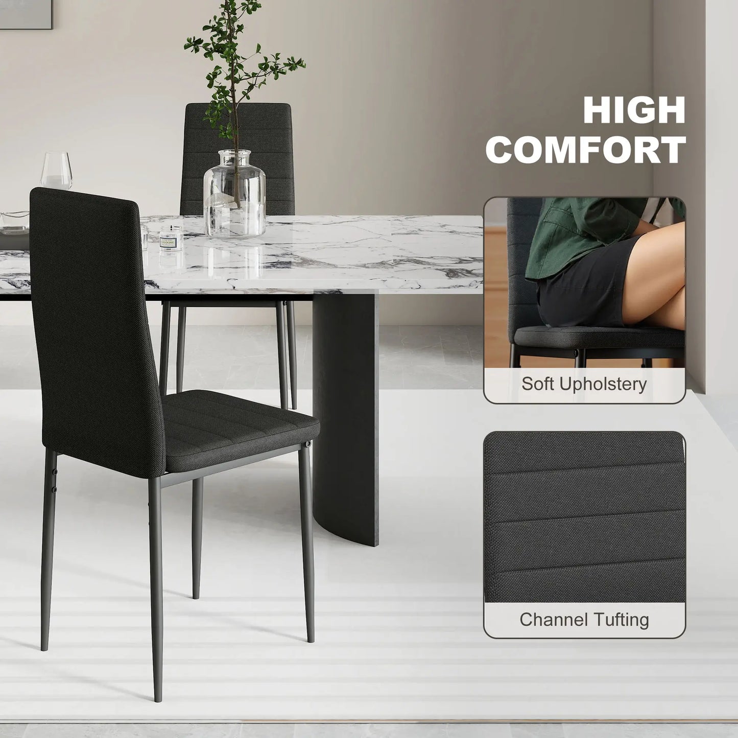 Modern High Back Dining Chairs, PU Leather Upholstered, Set of 6, Black Dining Chairs at Gallery Canada