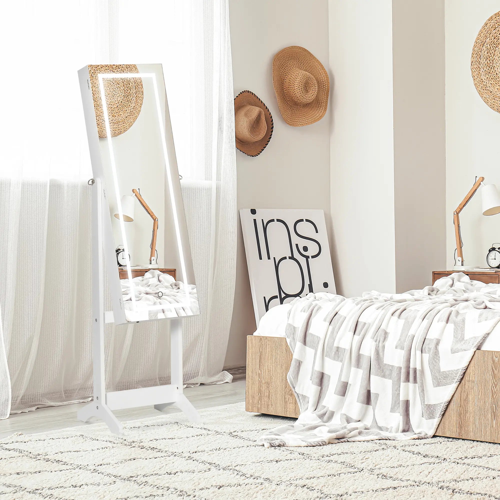 Lockable Jewelry Armoire with LED Light, Standing Mirror, White Jewelry Armoire & Jewellery Mirror Cabinets at Gallery Canada