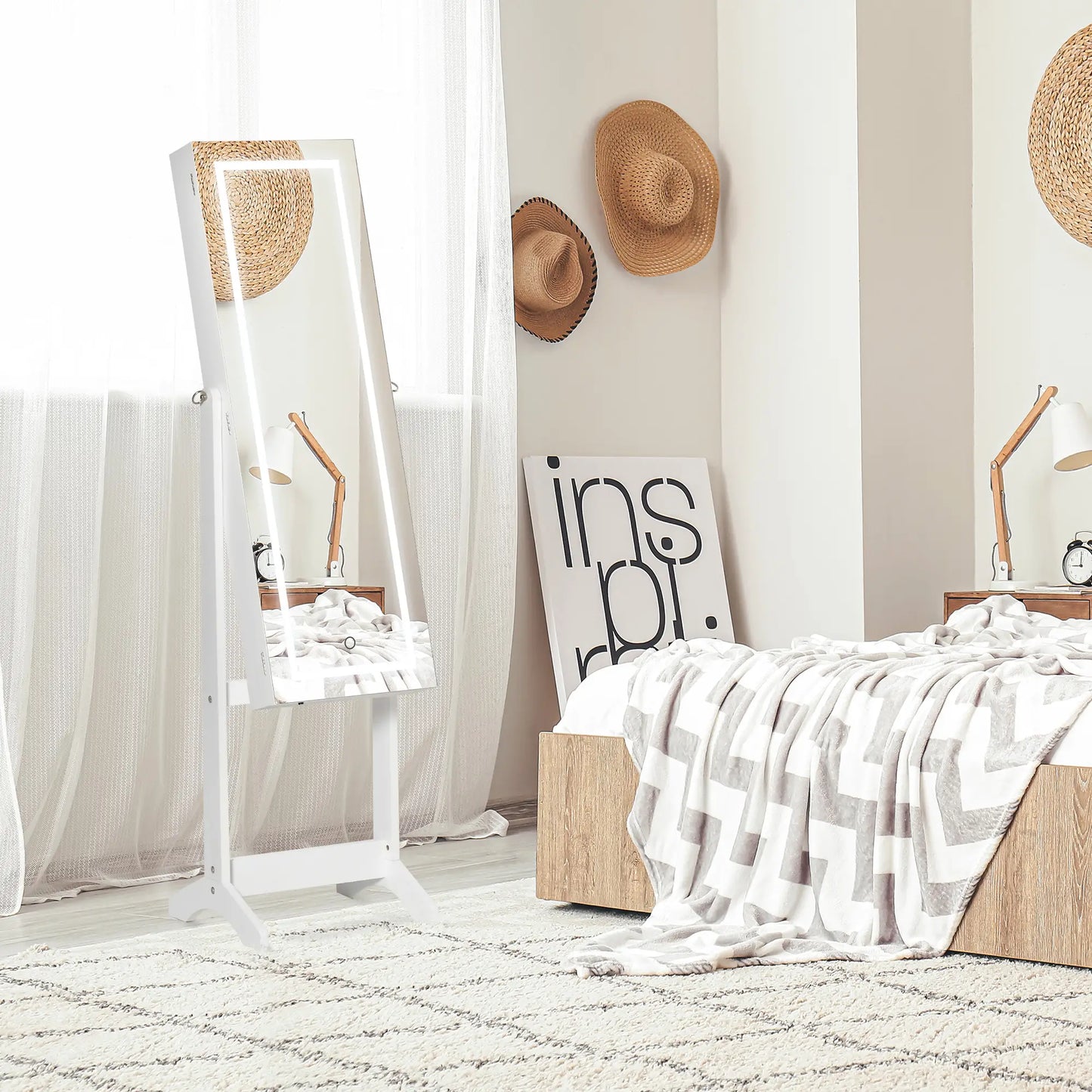 Lockable Jewelry Armoire with LED Light, Standing Mirror, White Jewelry Armoire & Jewellery Mirror Cabinets at Gallery Canada