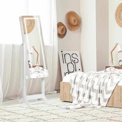 Lockable Jewelry Armoire with LED Light, Standing Mirror, White