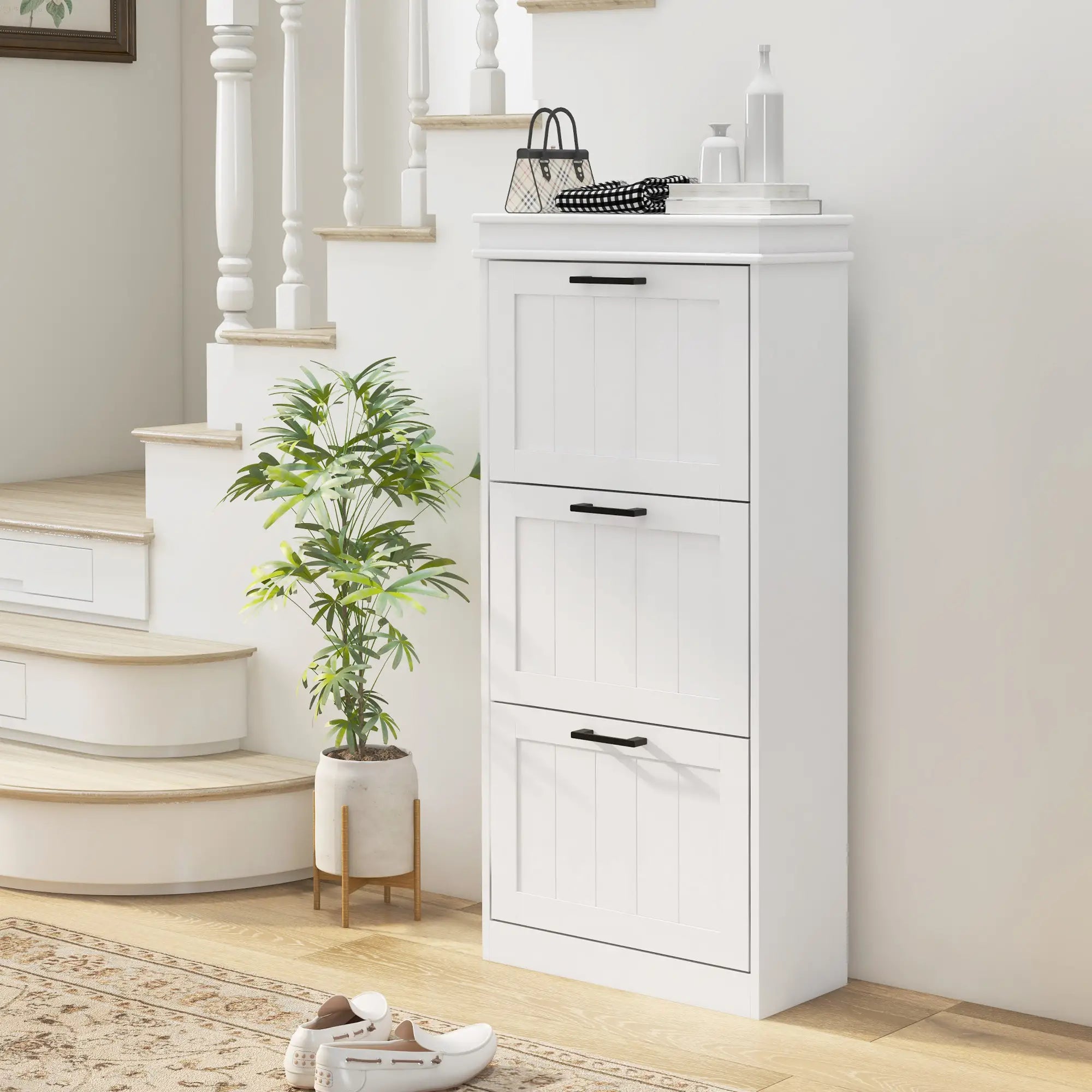 Slim Shoe Cabinet, 3 Flip Drawers, Adjustable Shelves, 15 Pairs, White Shoe Storage Cabinets & Racks at Gallery Canada