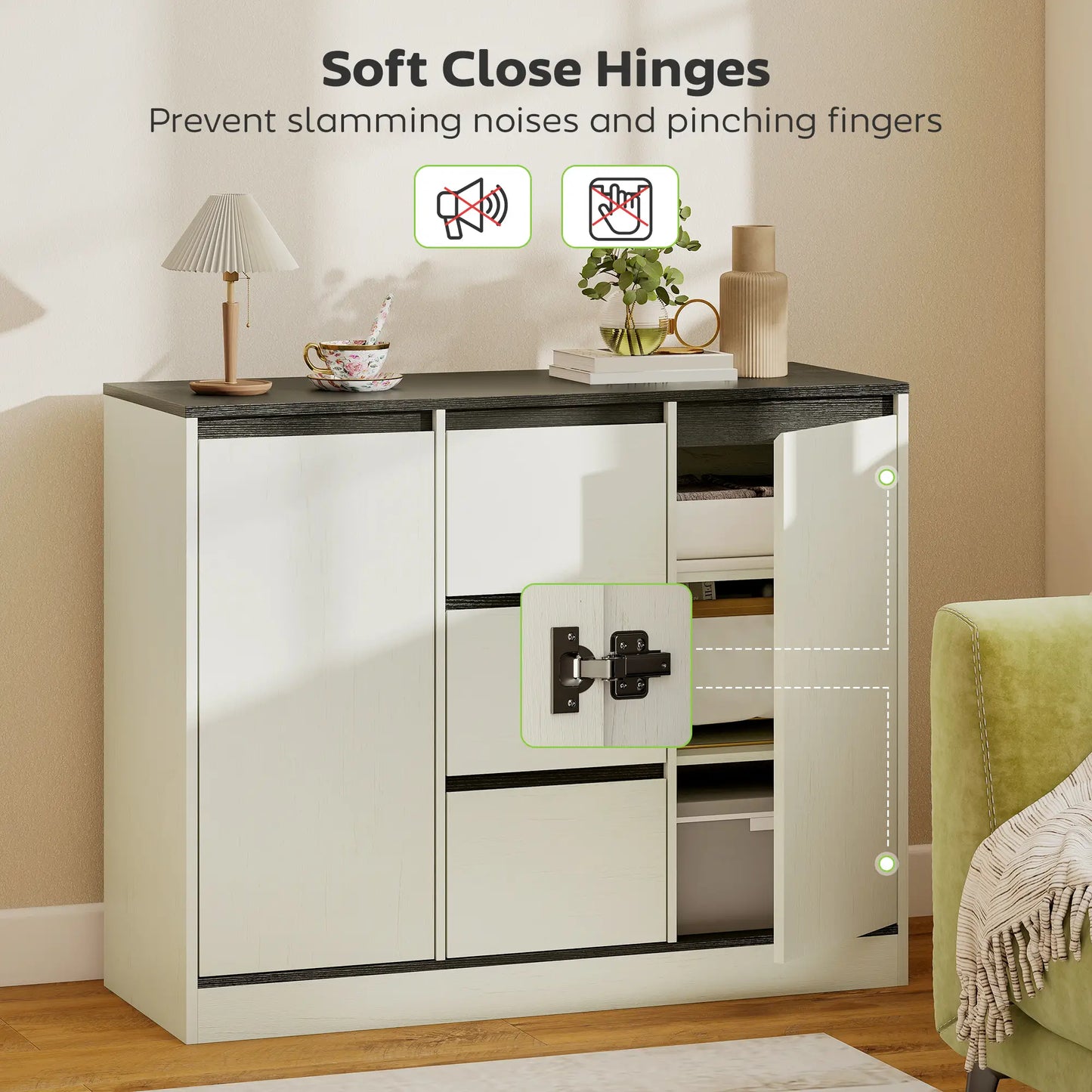 Buffet Cabinet, Soft Close Hinges, 3 Drawers, 2 Shelves, White Wood Grain Storage Cabinets at Gallery Canada