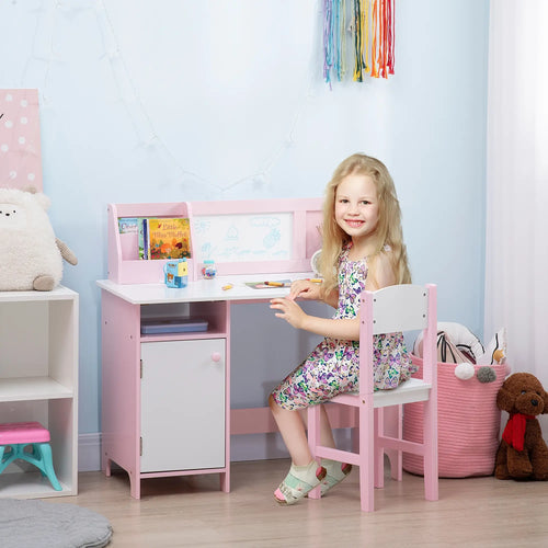 Kids Desk and Chair Set, 2Pcs, Whiteboard, Storage, Shelves, Pink