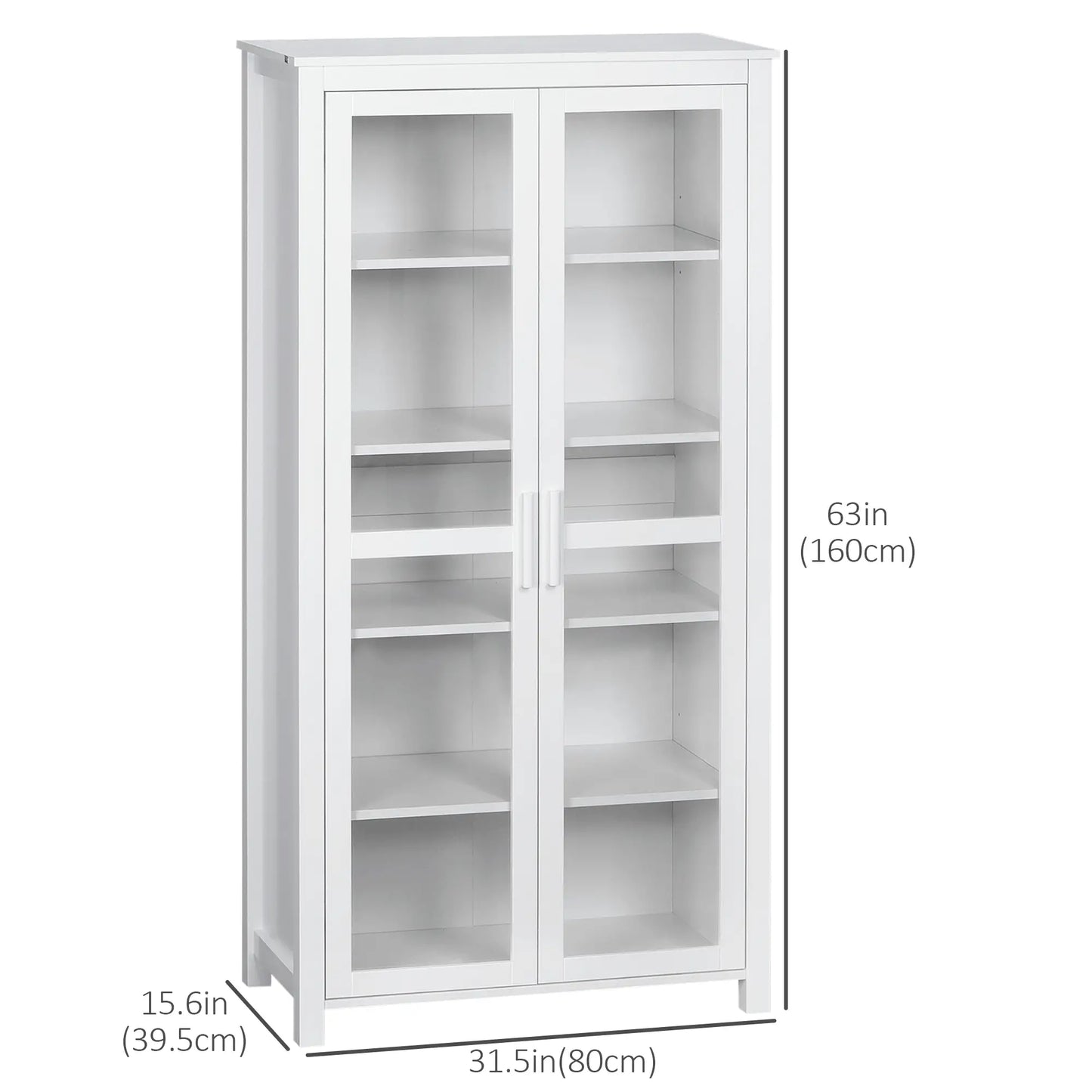 Freestanding Kitchen Pantry, 5-Tier Storage Cabinet, Adjustable Shelves, 2 Glass Doors, White