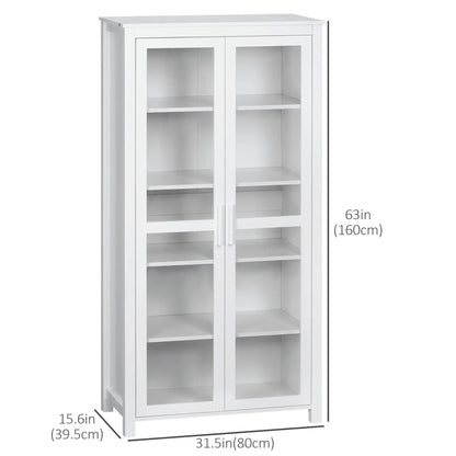 Freestanding Kitchen Pantry, 5-Tier Storage Cabinet, Adjustable Shelves, 2 Glass Doors, White