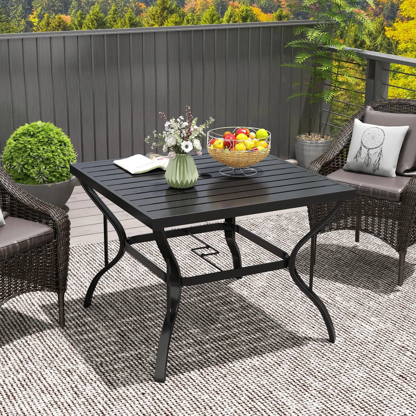 37" Square Outdoor Dining Table, Galvanized Steel, Slatted Top, Black Patio Dinning Tables at Gallery Canada