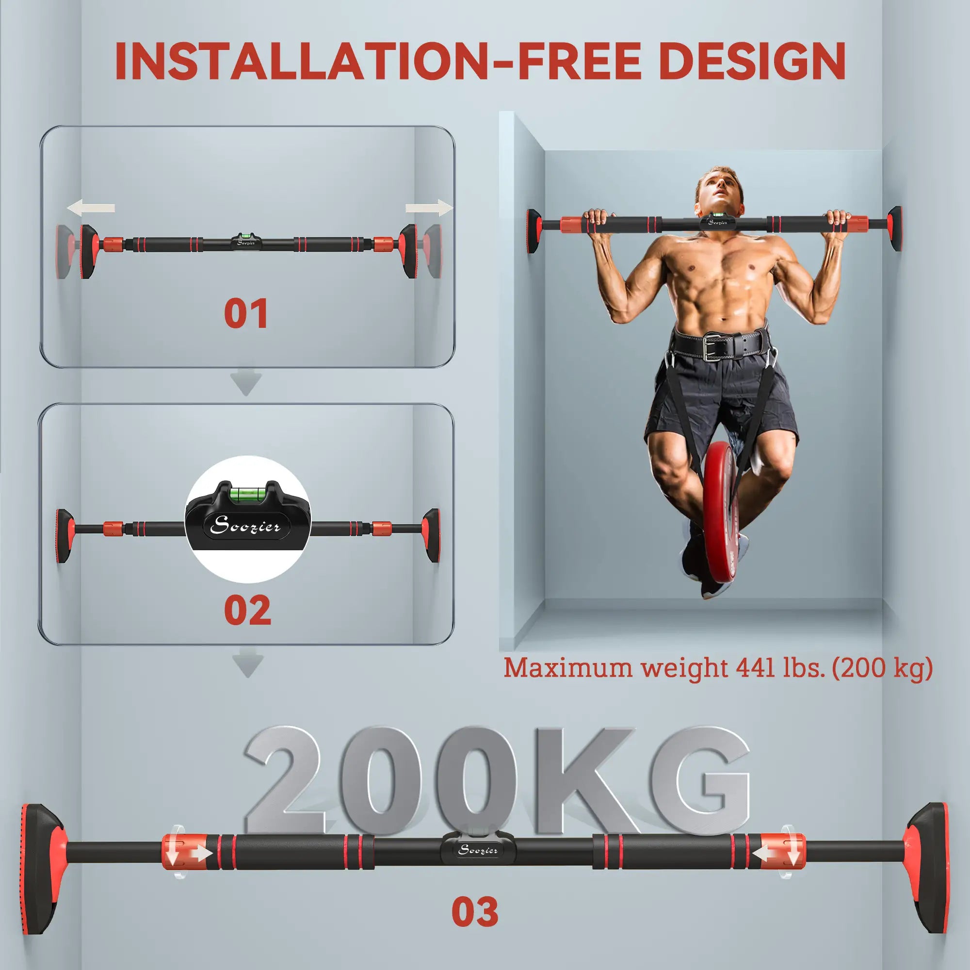 Pull Up Bar Doorway No Screws, 37.8-51.2 in Width Adjustable, Max Load 440lbs Strength Training Equipment at Gallery Canada