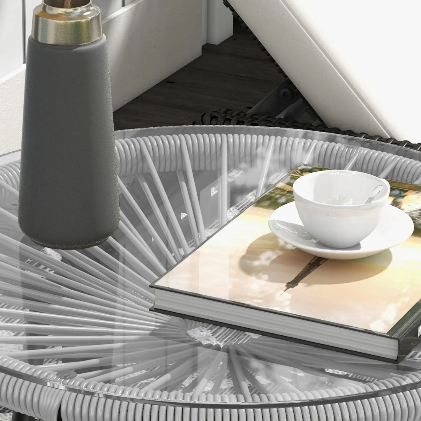 Round Rattan Side Table, Outdoor, PE Rattan, Tempered Glass Top, Grey