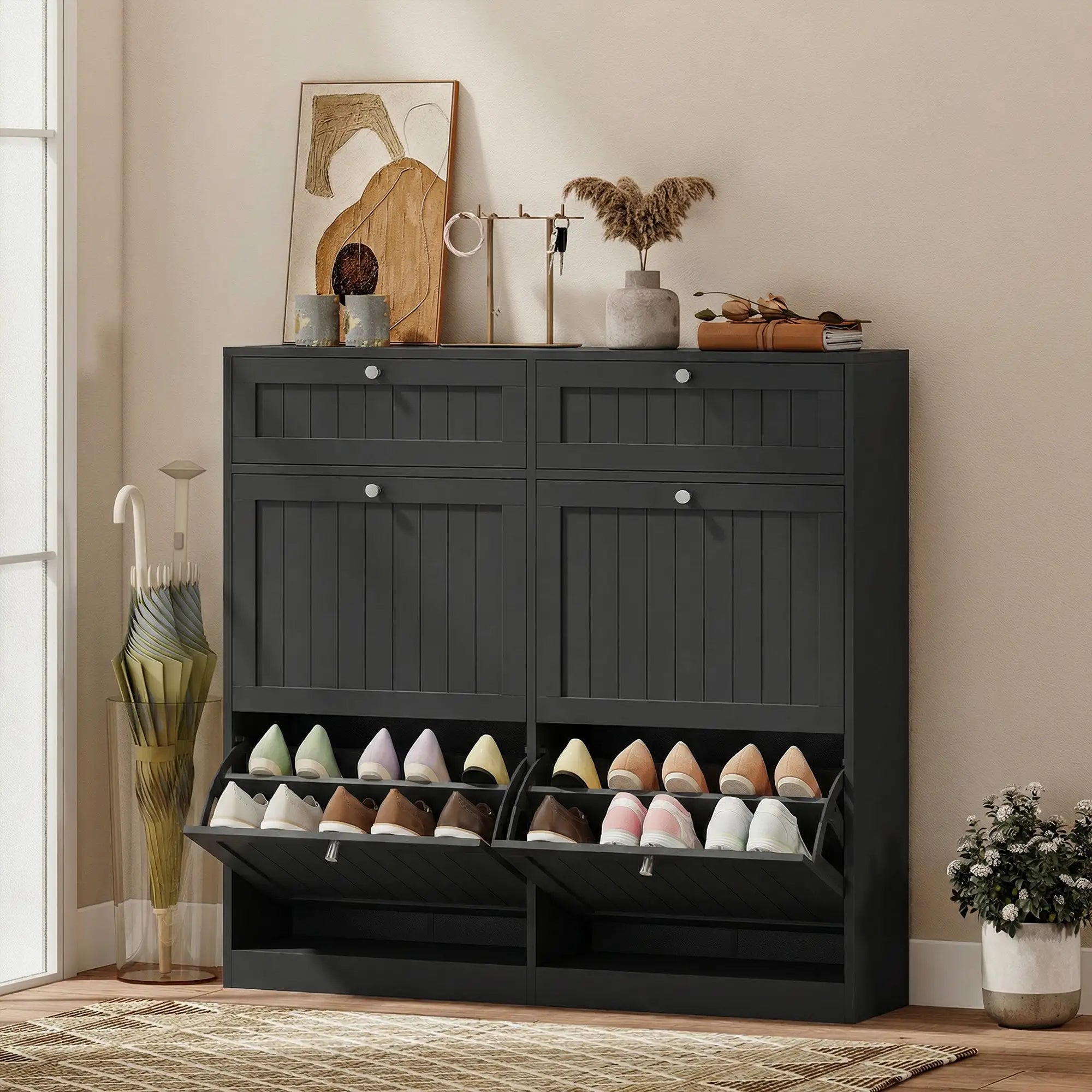Shoe Cabinet With 2 Large Flip Drawers, Farmhouse Narrow, Black Shoe Storage Cabinets & Racks at Gallery Canada