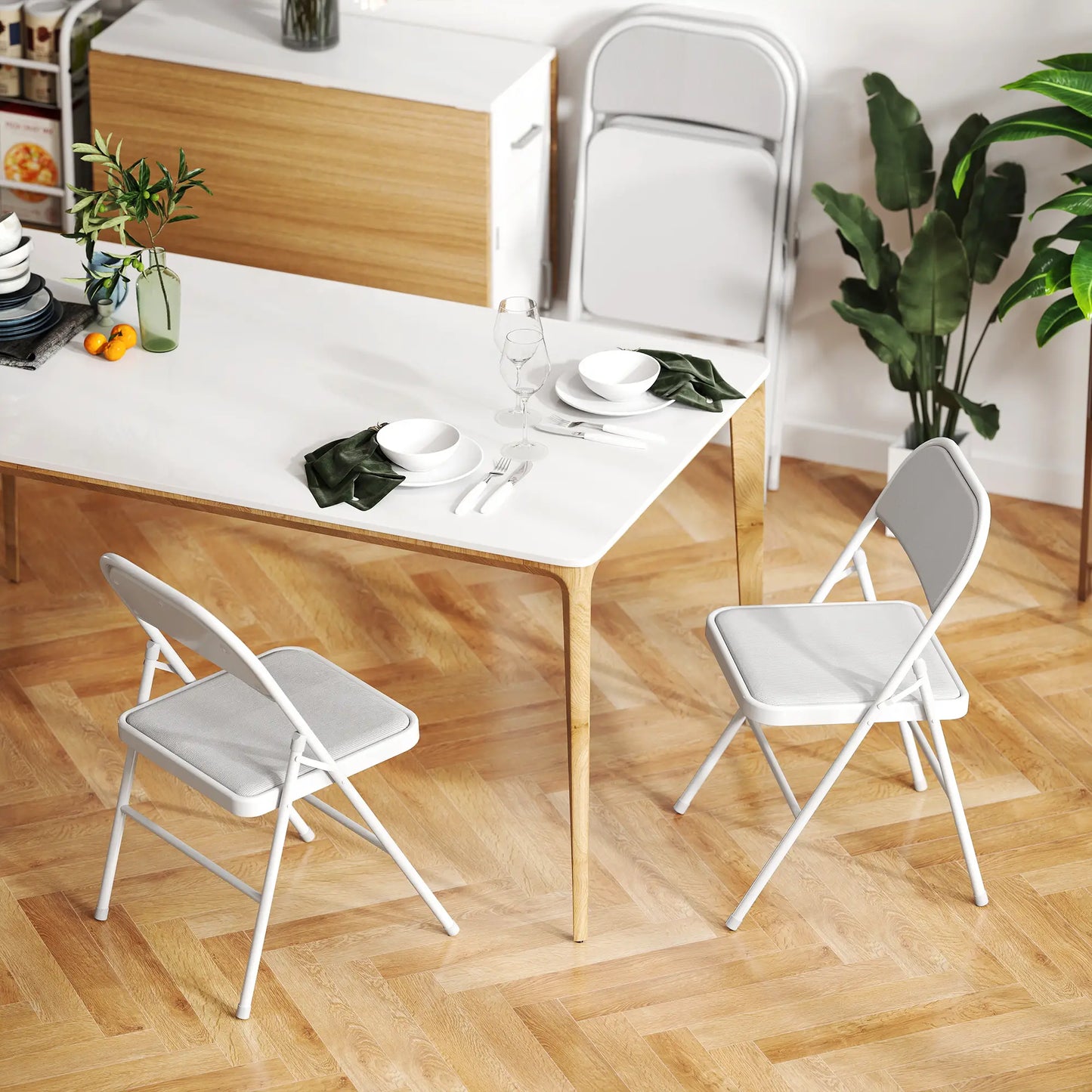 Set of 4 Metal Foldable Chairs, Corduroy Padded, White