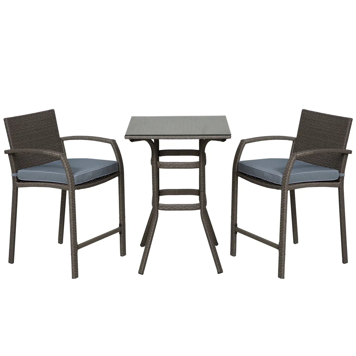 3-Piece Patio Bar Set, Wicker Bistro, PE Rattan Table and Stools, Grey Bistro Sets Grey at Gallery Canada