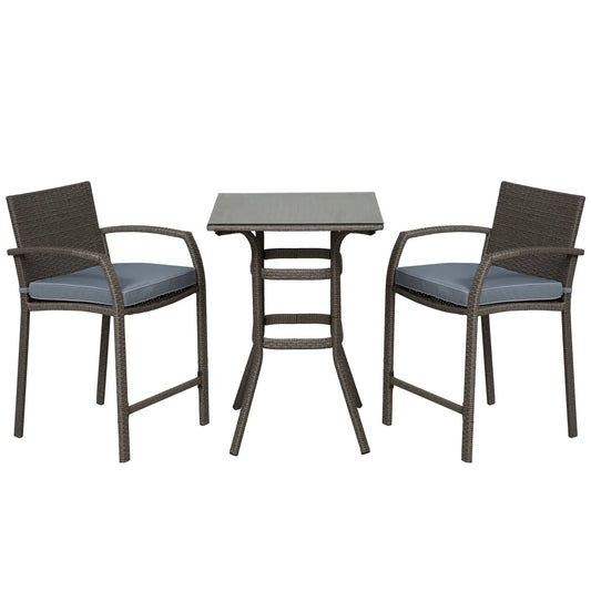 3-Piece Patio Bar Set, Wicker Bistro, PE Rattan Table and Stools, Grey Bistro Sets Grey at Gallery Canada
