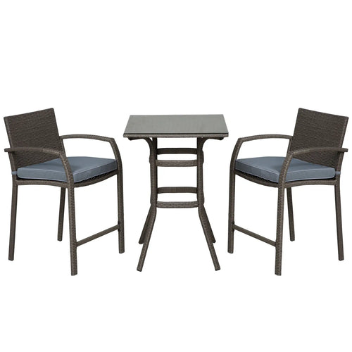 3-Piece Patio Bar Set, Wicker Bistro, PE Rattan Table and Stools, Grey