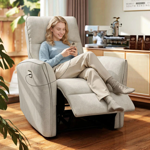 Power Recliner Chair, Fabric Upholstered, USB Ports, Footrest, Beige