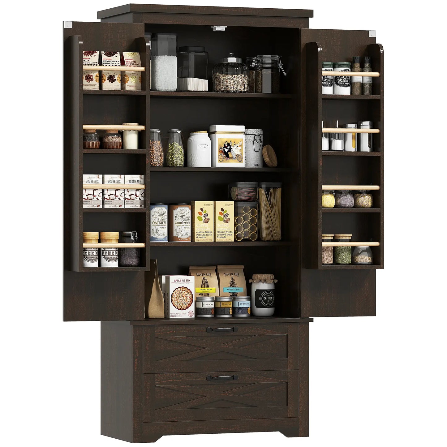 Farmhouse Kitchen Pantry Cabinet, 64", Distressed Dark Brown Kitchen Pantry Cabinets at Gallery Canada