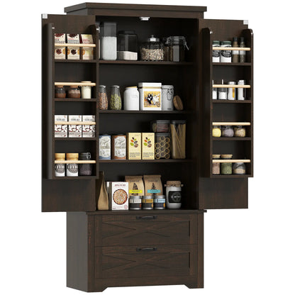 Farmhouse Kitchen Pantry Cabinet, 64", Distressed Dark Brown Kitchen Pantry Cabinets at Gallery Canada