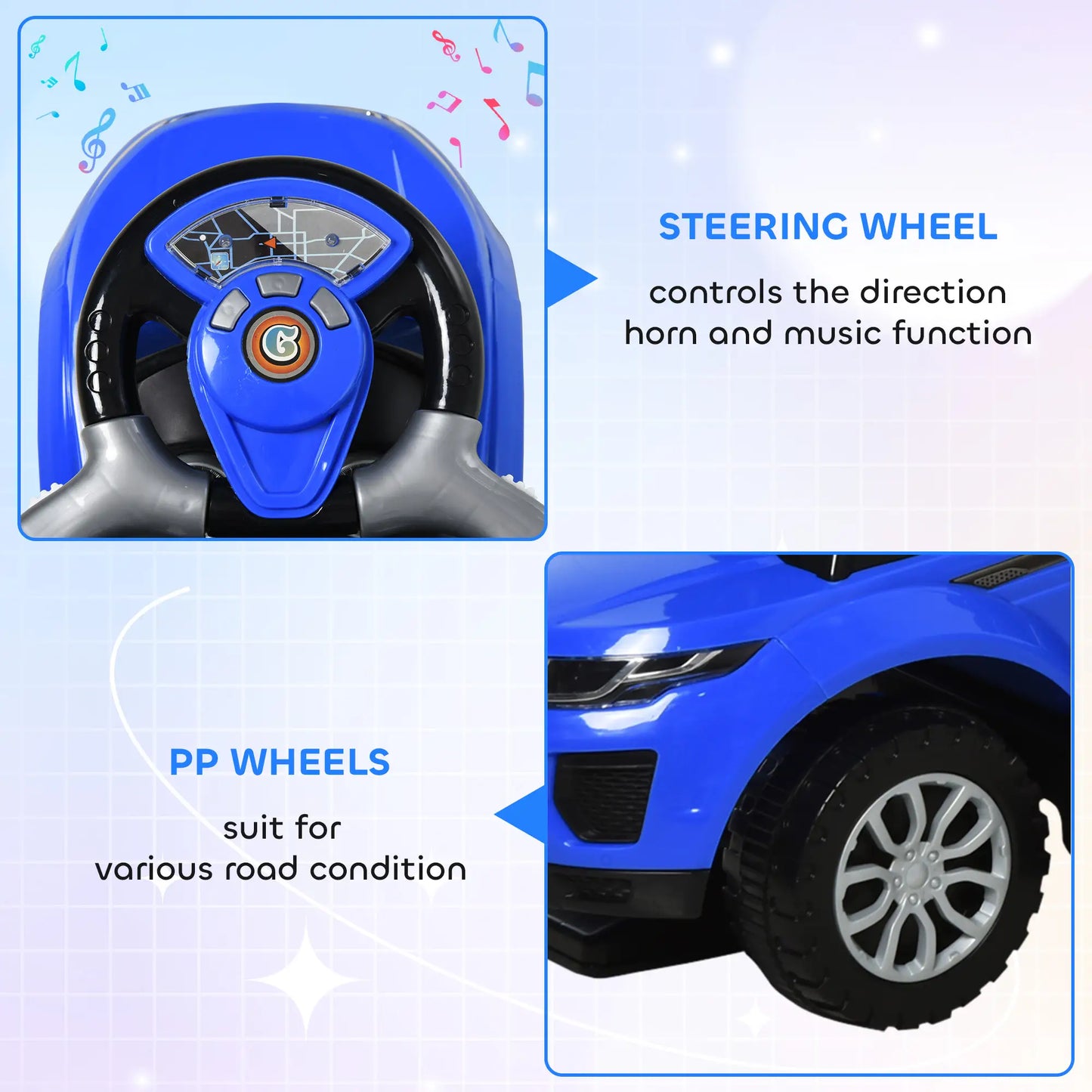 2 en 1 Poussette Voiture à Pousser pour Enfant, Voiture à Glissière avec Klaxon, Musique, Lumière, Barre de Sécurité, Bleu