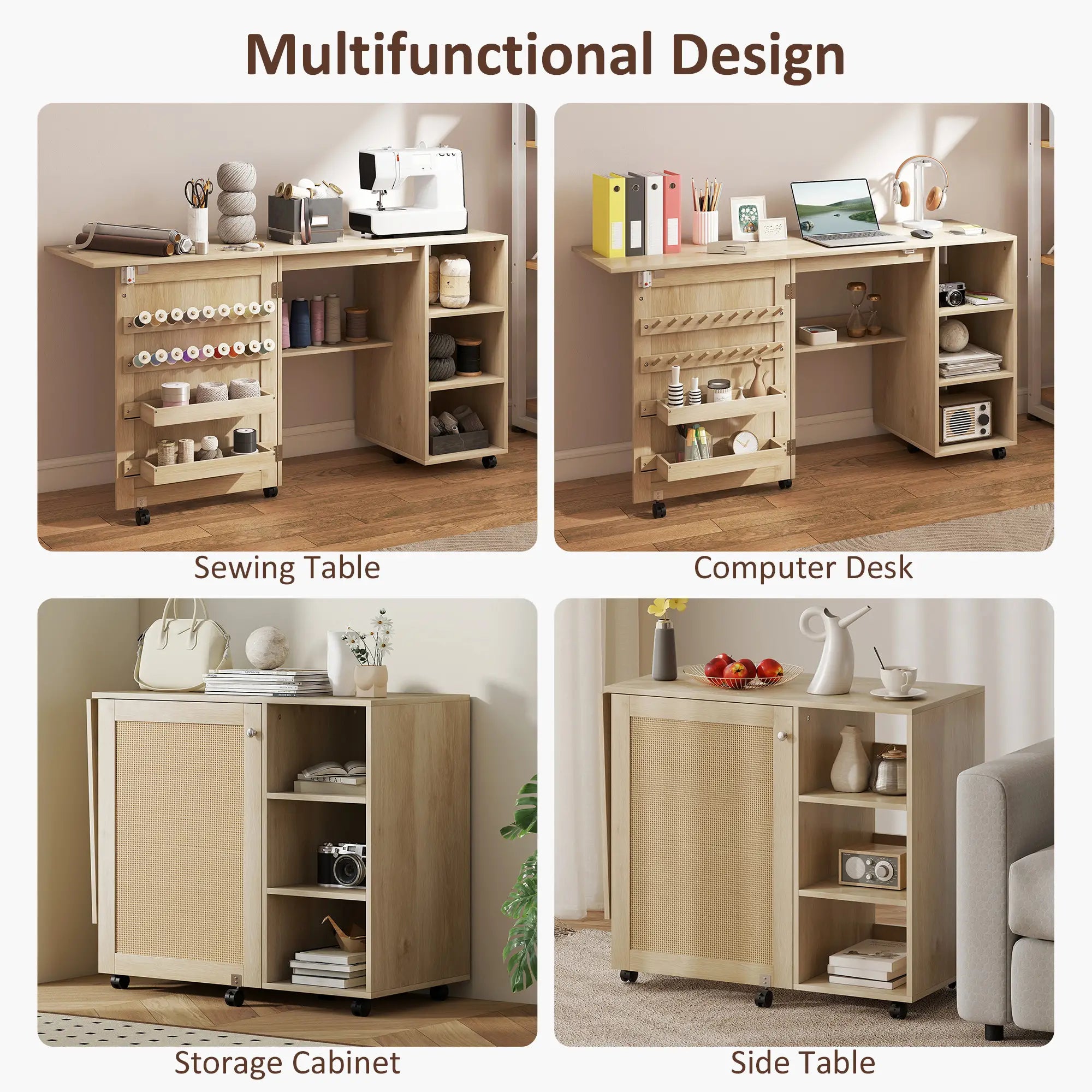 Sewing Machine Table with Drop Leaf, Rattan Door, Storage Shelves, Natural Storage Cabinets at Gallery Canada