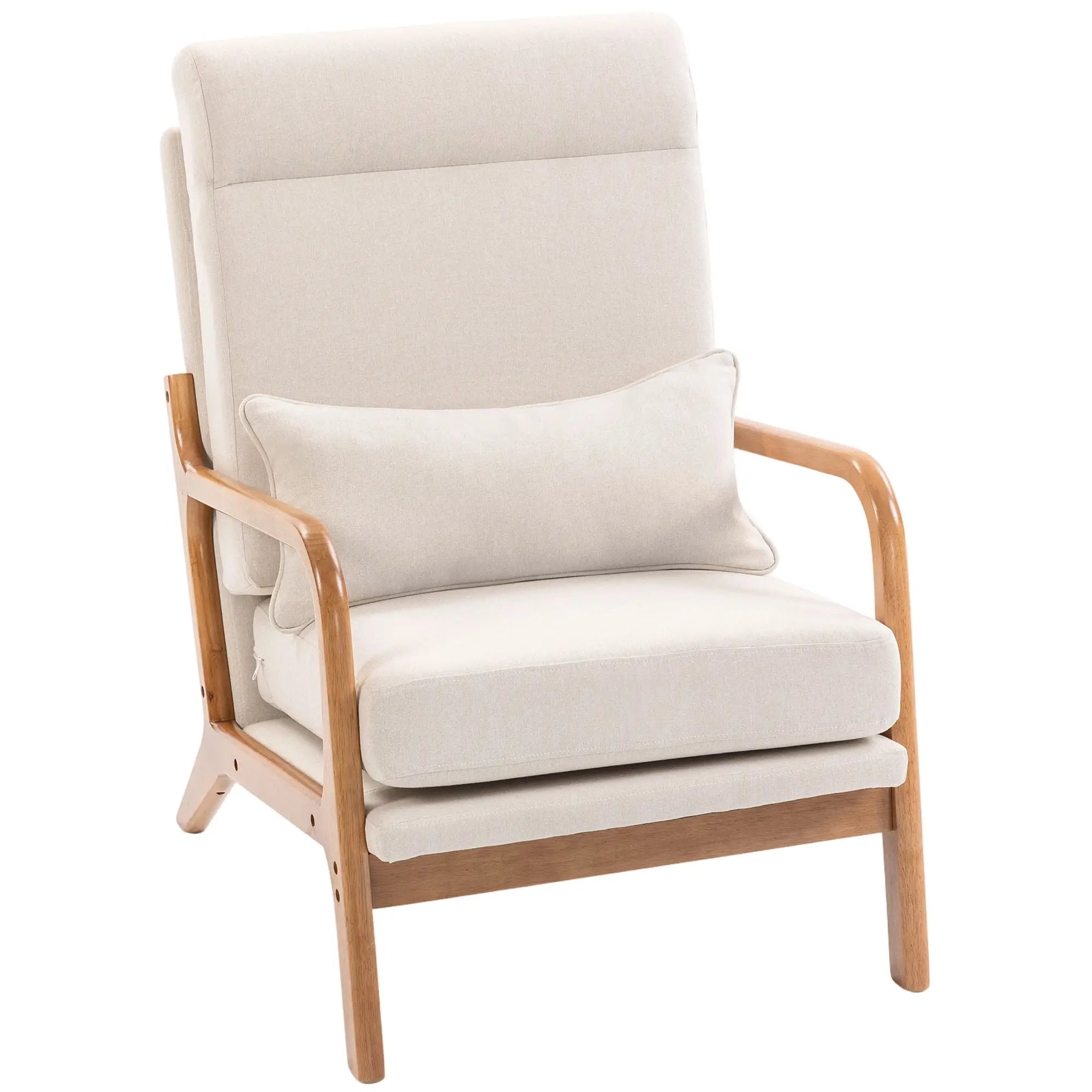 Modern Accent Chair, Linen Armchair with Lumbar Pillow, High Back, Wide Seat, Thick Cushion, Solid Wood Frame, Cream White Accent Chairs Cream White, Light Yellow at Gallery Canada