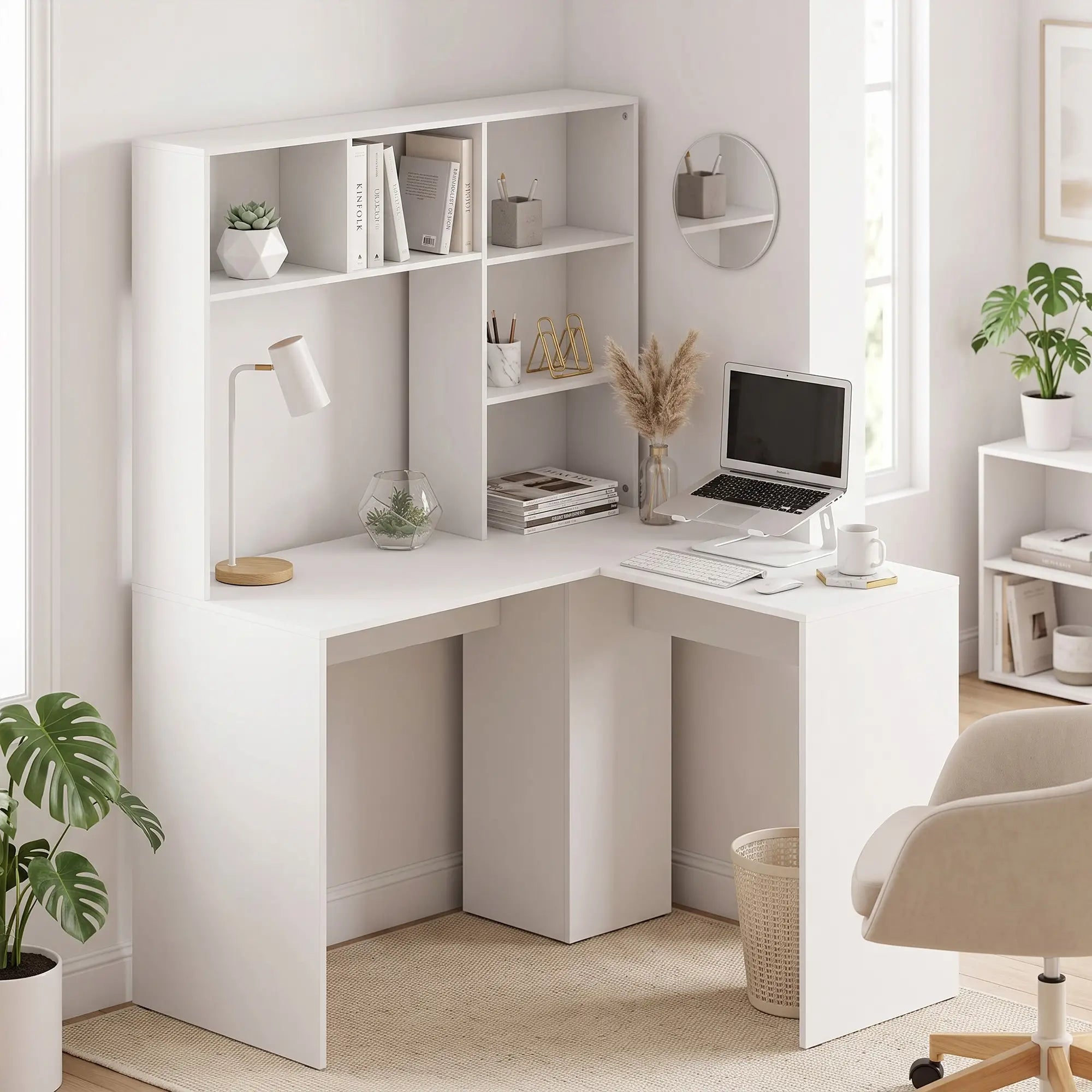 L Shaped Desk, Corner Computer Desk with Storage Shelves, White Writing Desks at Gallery Canada