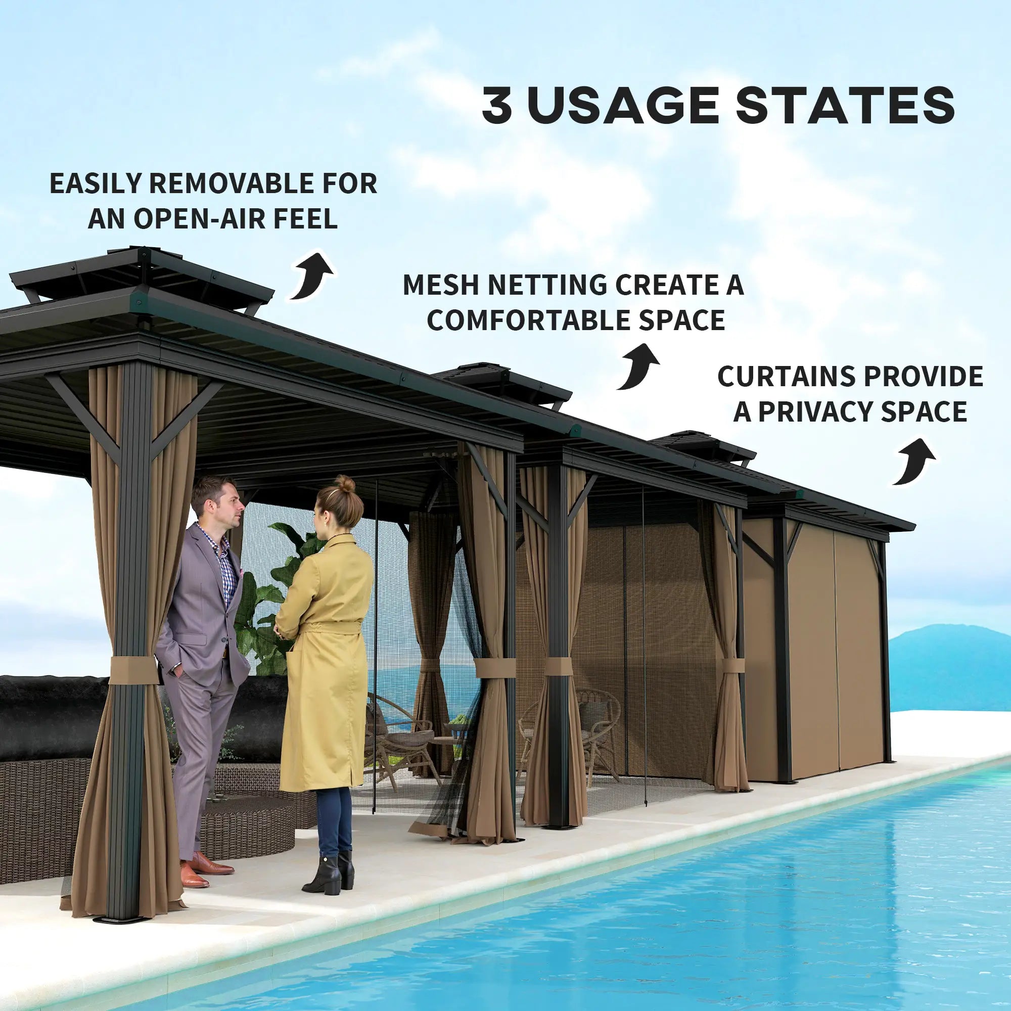 10' x 10' Hardtop Gazebo, Double Tier Metal Roof, Dark Brown Gazebos at Gallery Canada