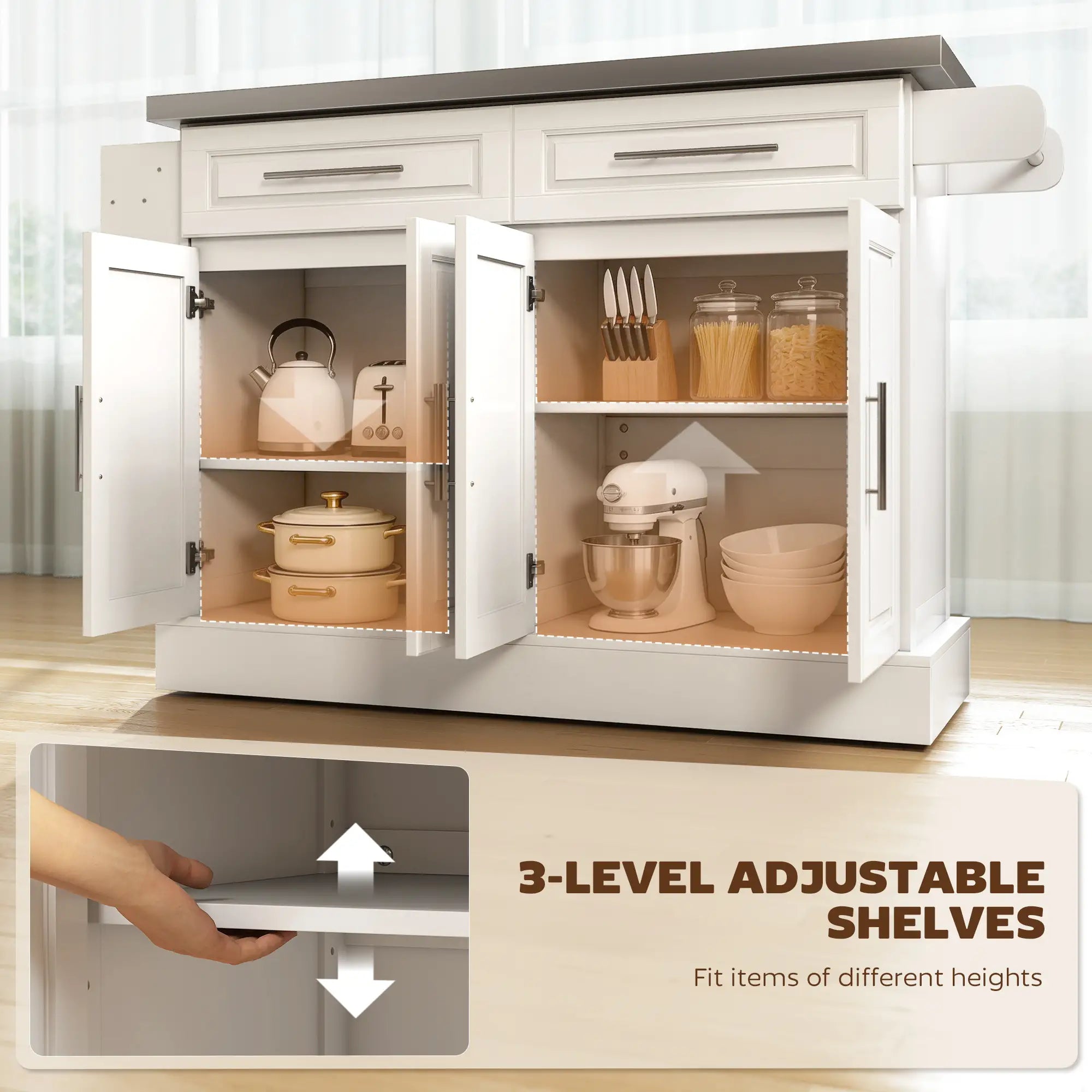 Rolling Kitchen Island with Storage, Stainless Steel Top, Drawers, Cabinets Kitchen Islands & Kitchen Carts at Gallery Canada