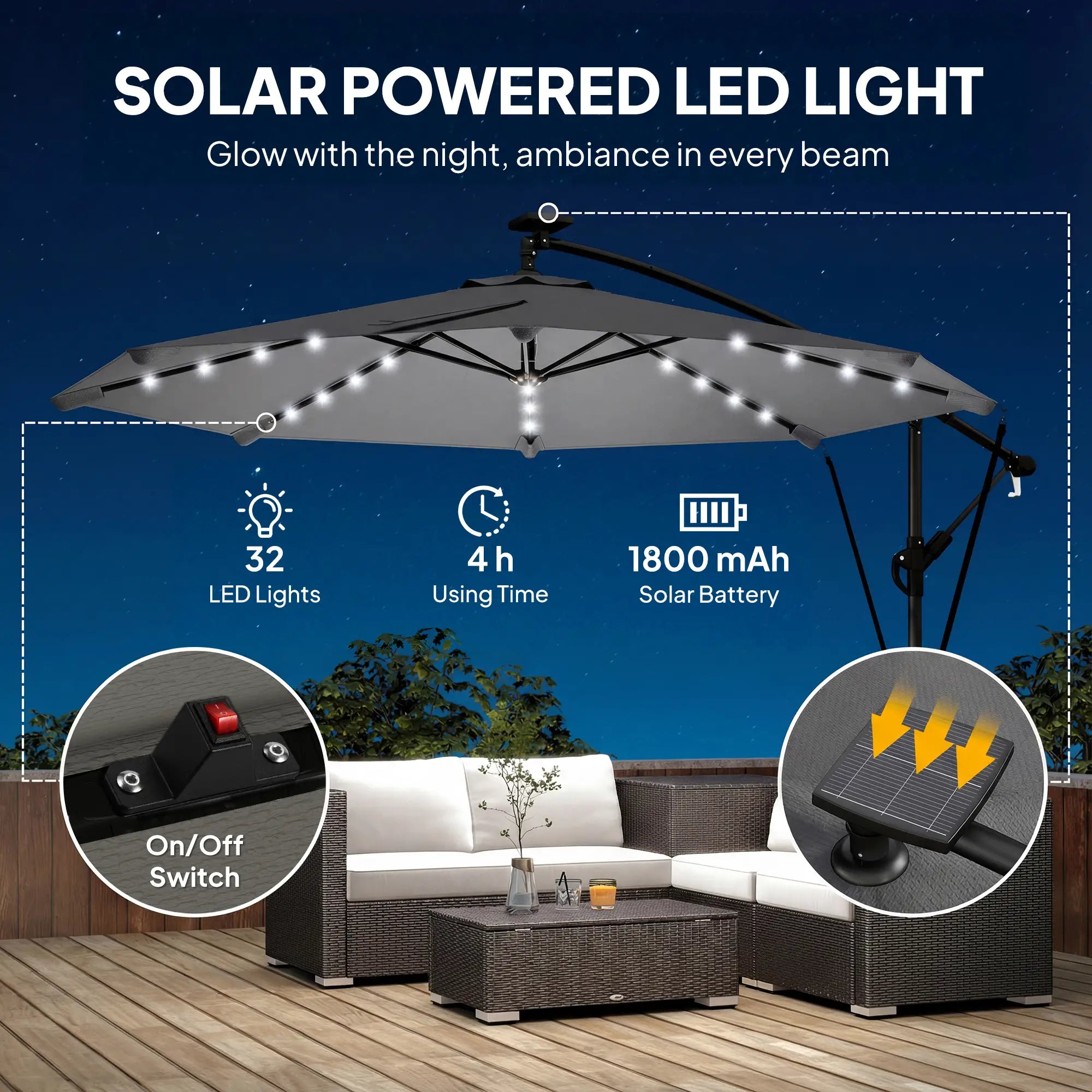 9.7ft Solar LED Cantilever Patio Umbrella, 32 LED Lights, Cross Base, Crank Handle, Dark Grey Offset Cantilever Umbrellas at Gallery Canada
