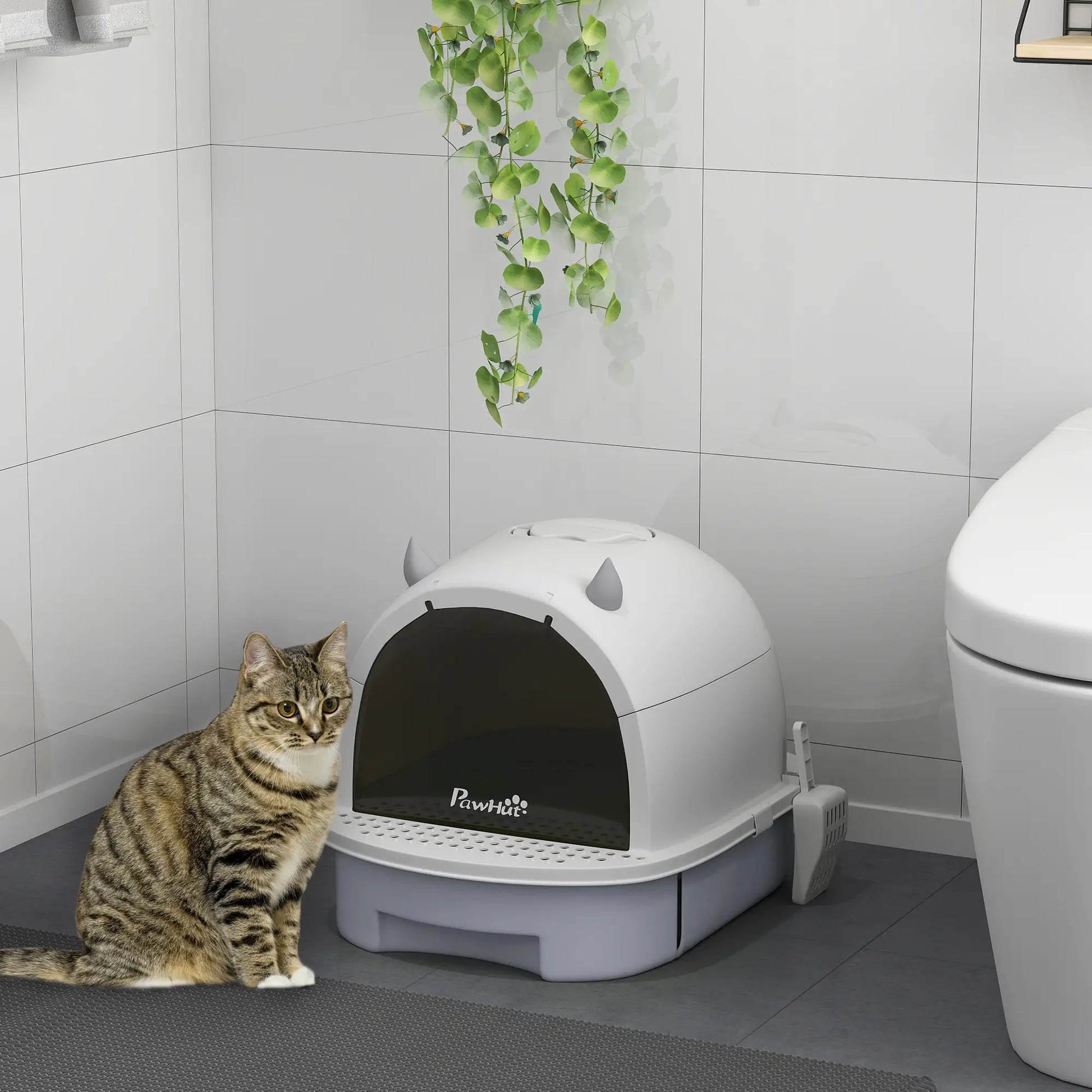 Cat Litter Box with Lid, Front Door Flap, Scoop, Grey Cat Litter Box Enclosures at Gallery Canada