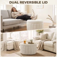 Table basse ronde, rangement dissimulé, polaire sherpa, couvercle réversible, blanc crème, blanc crème