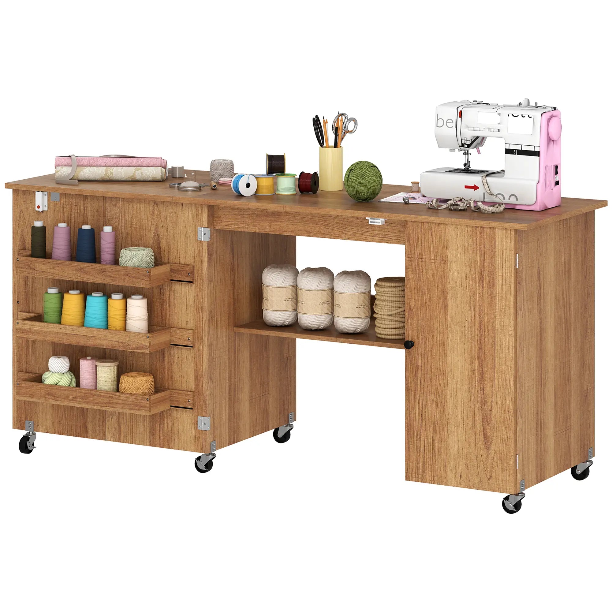Sewing Machine Table, Drop Leaf, 2 Doors, Adjustable Shelf, Brown Sewing Cabinets Brown with Wood Grain Effect at Gallery Canada
