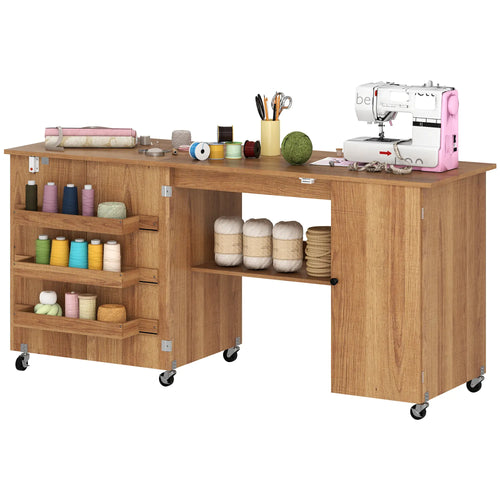 Sewing Machine Table, Drop Leaf, 2 Doors, Adjustable Shelf, Brown
