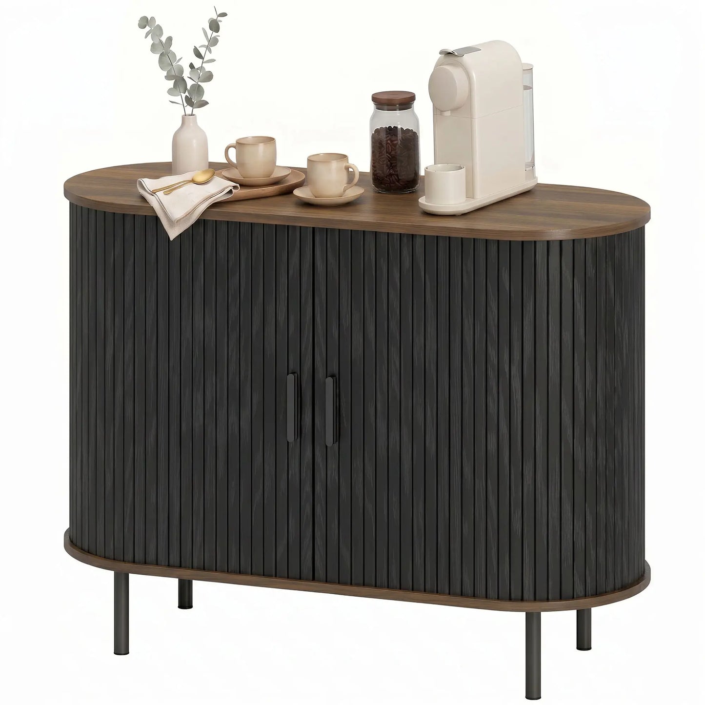 Wood Grain Sideboard With Curved Tambour Doors, Brown