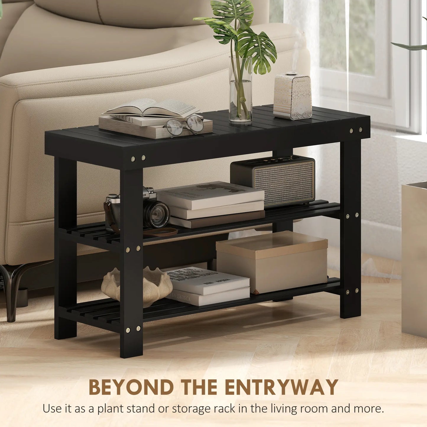Bamboo Shoe Storage Bench, 3-Tier, 2 Shelves, Holds 6 Pairs, Black Shoe Storage Cabinets & Racks at Gallery Canada
