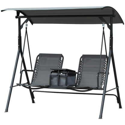 2 Person Porch Swing with Storage Table, Cup Holder, Canopy, Grey Patio Swings with Stand at Gallery Canada