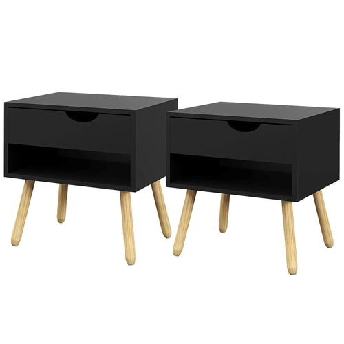Set of 2 Nightstands with Storage Drawer and Shelf, Modern Bedside Table for Bedroom, Black