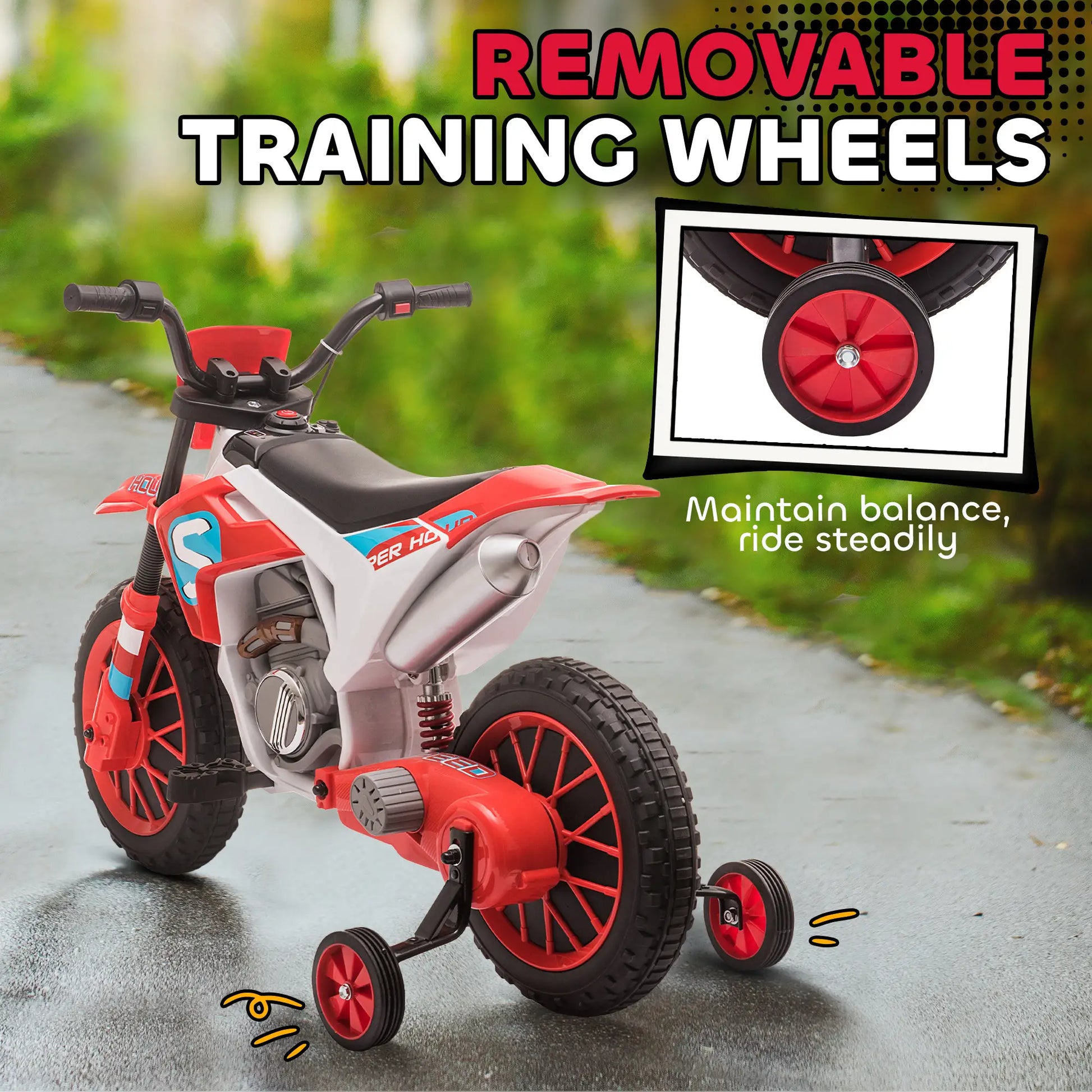 Kids Dirt Bike 12V Battery, Training Wheels, Red Electric Motorcycles at Gallery Canada