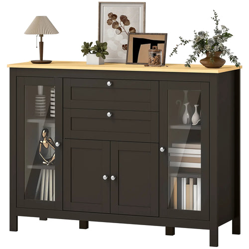 Buffet Cabinet Sideboard, 2 Drawers, 3 Storage Cabinets, Glass Doors, Dark Brown