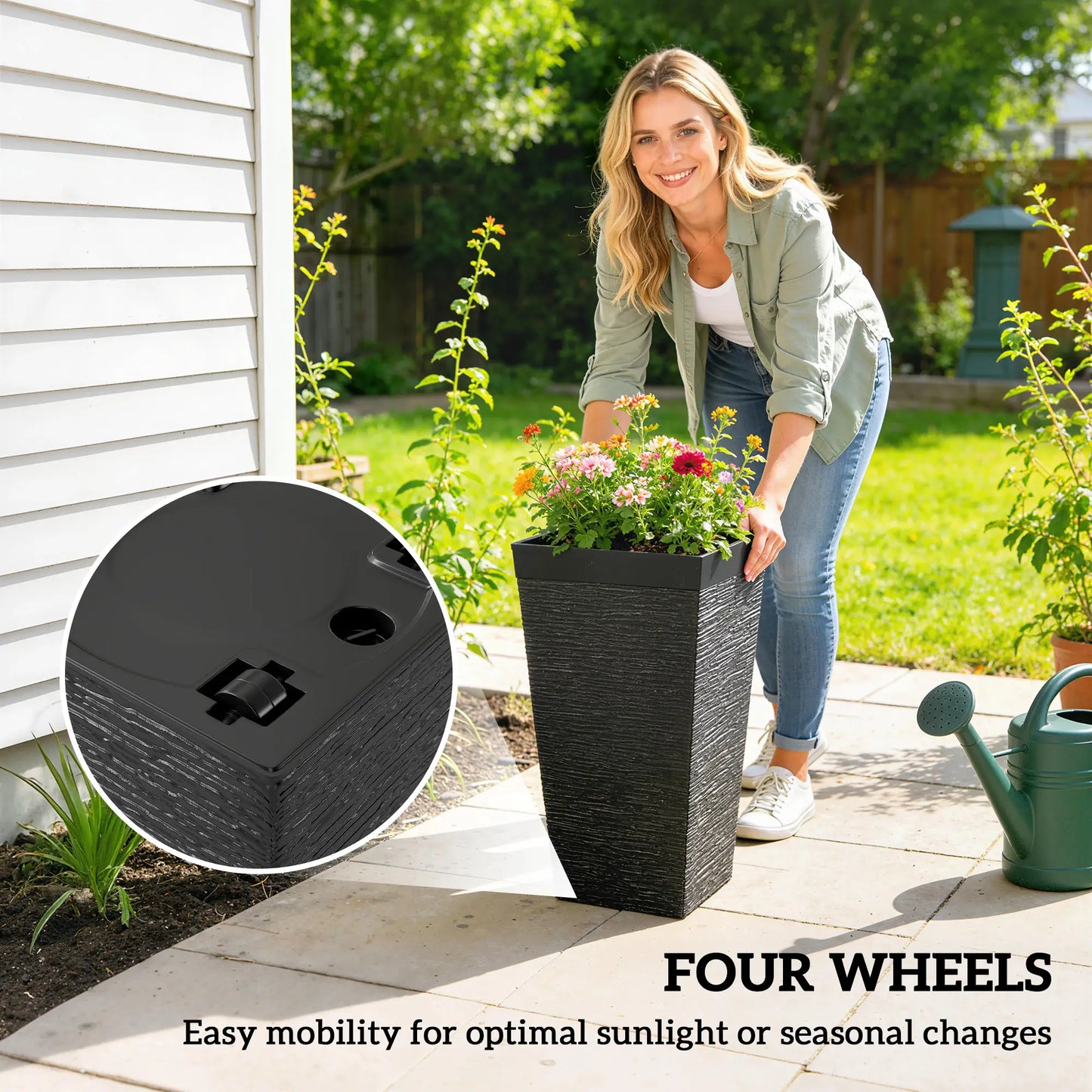 22.8" Tall Planters Set of 3, Stone Finish, Wheels, Drainage, Black Garden Accessories at Gallery Canada