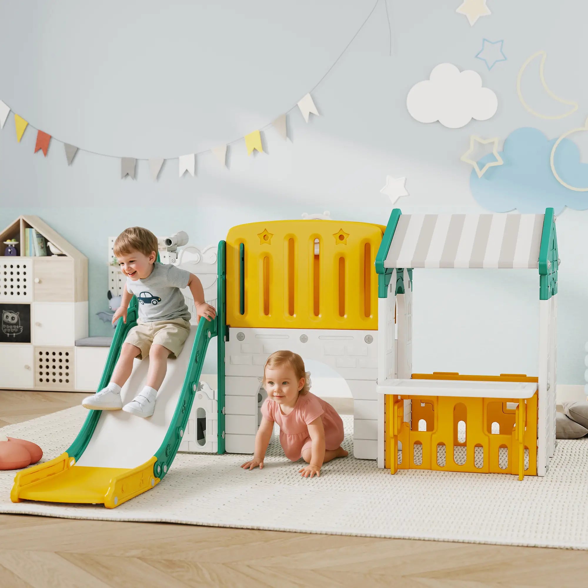 7-in-1 Toddler Slide Climber, Playhouse Basketball Hoop, Yellow Gym Sets & Swings at Gallery Canada