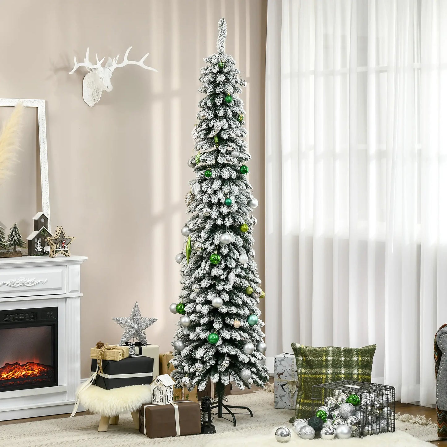 7ft Snow-Flocked Artificial Christmas Tree, Slim Pencil, 490 Branches, Metal Base, Green Pencil Christmas Trees at Gallery Canada